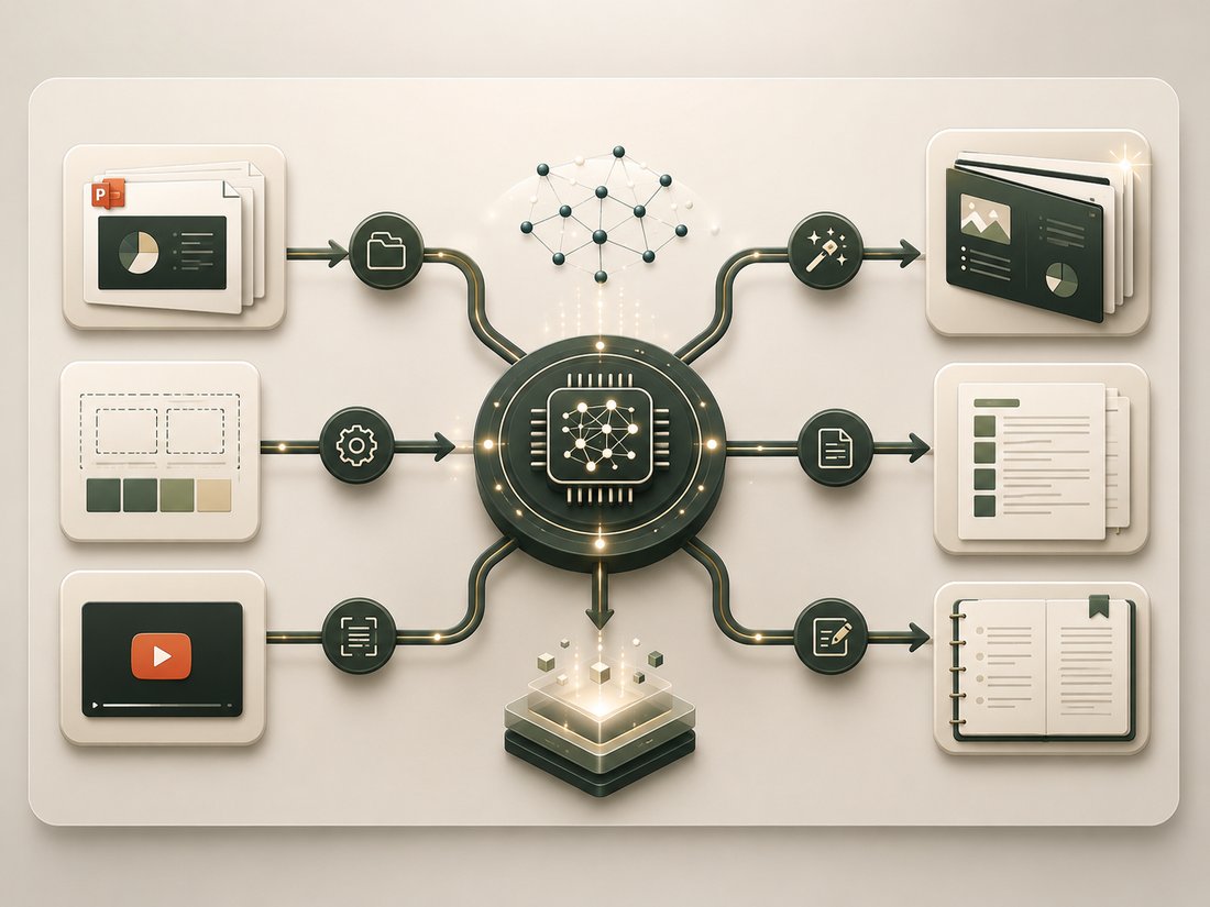 AI automation pipeline transforming slides, templates, video and notes into structured outputs