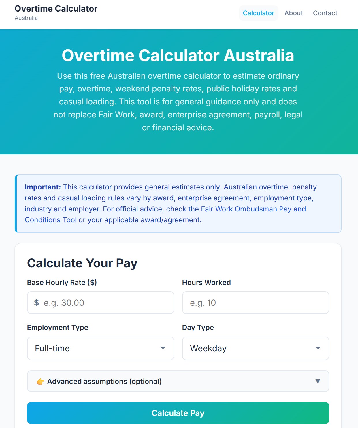 Overtime Calculator Australia web tool showing Australian overtime pay estimate form